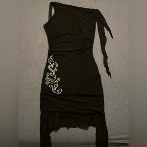 Black Backless Mini Dress with Rhinestone Embroidery